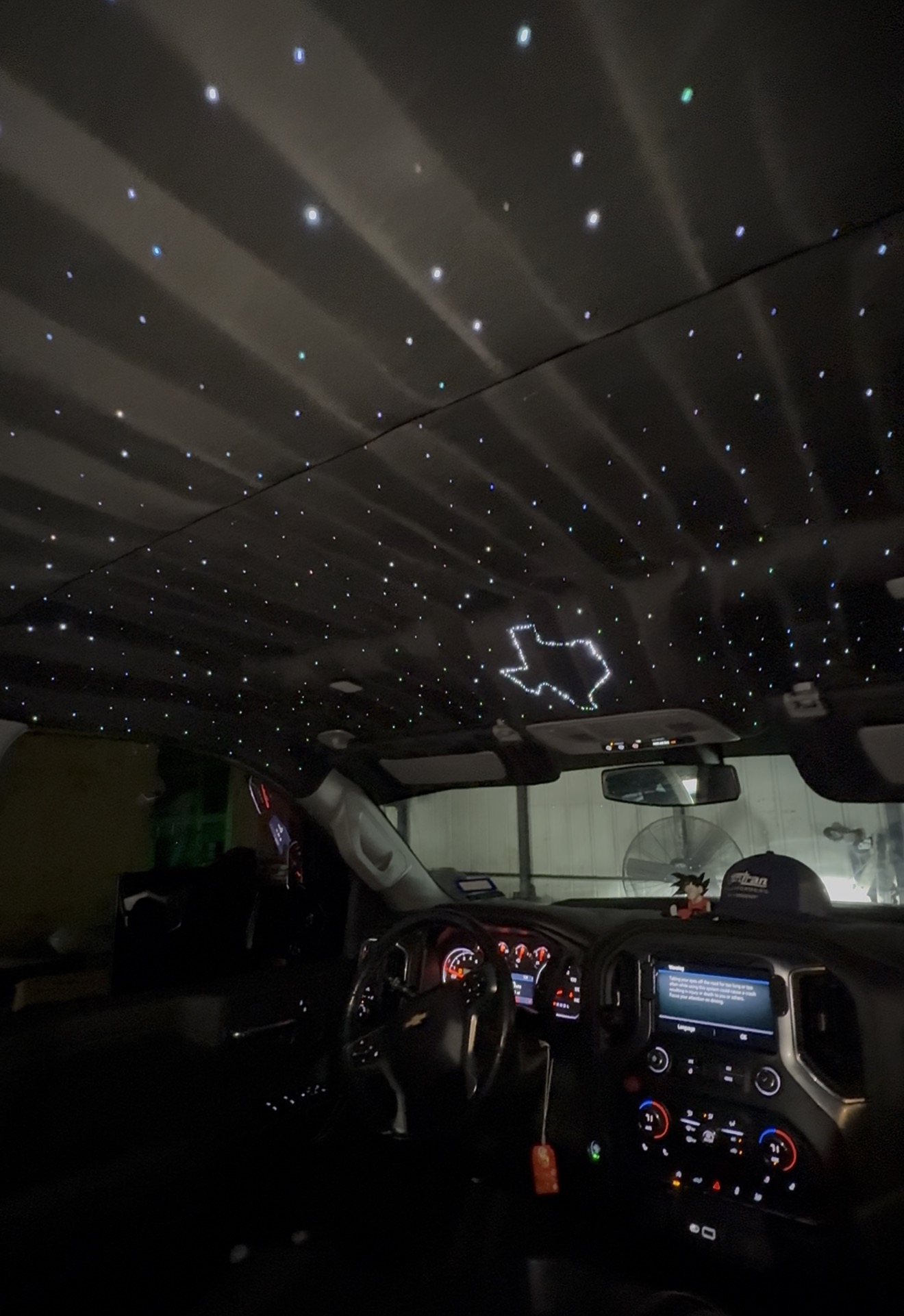 Chevy Silverado headliner with fiber-optic stars forming the state of Texas