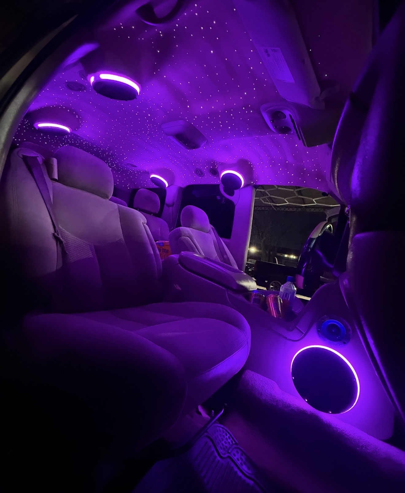 Purple lit truck interior with starlight headliner and pillar speakers
